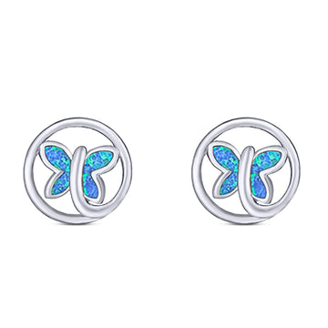 Butterfly Stud Earring Created Blue Opal Solid 925 Sterling Silver (8.8mm)